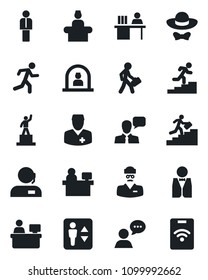 Set of vector isolated black icon - elevator vector, reception, manager, pedestal, place, run, doctor, speaker, support, desk, career ladder, waiter, dress code, pass card