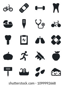Set of vector isolated black icon - plant label vector, pumpkin, seeds, stethoscope, patch, barbell, bike, run, lungs, tooth, implant, pulse clipboard, pool, salad, rolling pin, apple fruit, cheese
