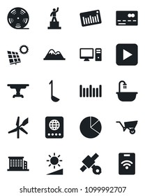 Set of vector isolated black icon - credit card vector, passport, pedestal, wheelbarrow, satellite, barcode, reel, play button, brightness, pie graph, sun panel, mountains, office building, table