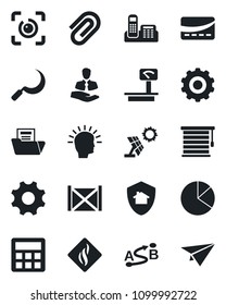 Set of vector isolated black icon - gear vector, sickle, client, container, heavy scales, route, settings, calculator, eye id, paper clip, pie graph, document folder, office phone, credit card