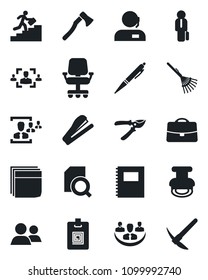 Set of vector isolated black icon - rake vector, pruner, axe, group, case, copybook, company, document search, identity card, hr, blank box, support, stamp, manager, career ladder, pen, stapler