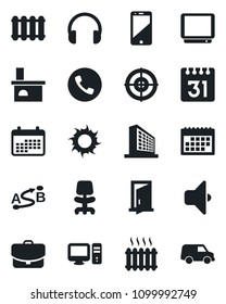 Set of vector isolated black icon - phone vector, office building, chair, sun, fireplace, route, tv, cell, headphones, calendar, target, heater, pc, radiator, sound, door, case, car