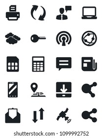 Set of vector isolated black icon - clouds vector, mobile phone, speaking man, printer, navigation, satellite, news, network, laptop pc, share, mail, message, update, sim, data exchange, download