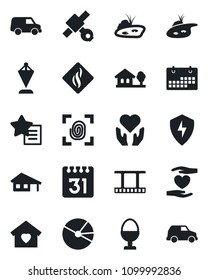 Set of vector isolated black icon - pennant vector, heart hand, satellite, film frame, favorites list, protect, calendar, pie graph, house with garage, tree, pond, sweet home, egg stand, fingerprint