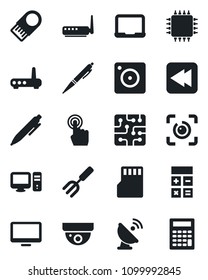 Set of vector isolated black icon - calculator vector, pen, notebook pc, garden fork, satellite antenna, touch screen, monitor, rewind, mobile camera, sd, eye id, chip, router, usb flash