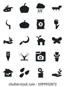 Set of vector isolated black icon - storm cloud vector, flower in pot, butterfly, sickle, plant label, pumpkin, seeds, caterpillar, fertilizer, tulip, photo gallery, pond, eco house, irrigation