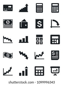 Set of vector isolated black icon - credit card vector, growth statistic, calculator, crisis graph, receipt, bar, wallet, cash, presentation