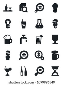Set of vector isolated black icon - bulb vector, ampoule, fragile, search cargo, document, water supply, estate, alcohol, cocktail, phyto bar, beer, energy saving, money, flask, sand clock