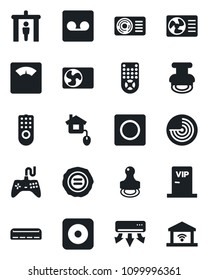 Set of vector isolated black icon - security gate vector, radar, stamp, scales, gamepad, remote control, rec button, record, air conditioner, vip zone, home, garage