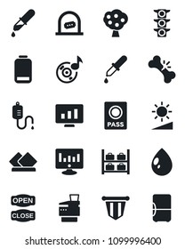 Set of vector isolated black icon - ticket office vector, passport, luggage storage, pennant, statistic monitor, water drop, dropper, broken bone, traffic light, low battery, brightness, music