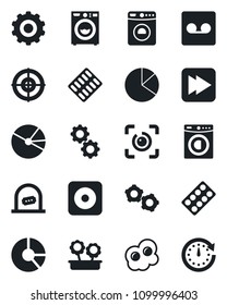 Set of vector isolated black icon - ticket office vector, washer, gear, circle chart, pills blister, fast forward, rec button, record, eye id, pie graph, target, flower in pot, omelette, clock