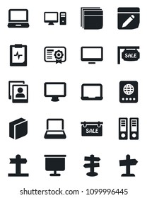 Set of vector isolated black icon - passport vector, office binder, notebook pc, pulse clipboard, signpost, monitor, laptop, notes, photo gallery, presentation board, blank box, sale, certificate