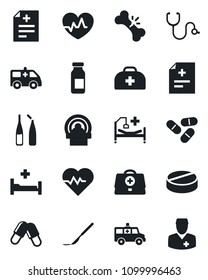 Set of vector isolated black icon - heart pulse vector, doctor case, diagnosis, stethoscope, pills, ampoule, scalpel, tomography, ambulance car, hospital bed, broken bone