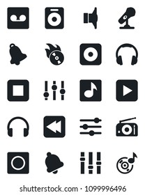 Set of vector isolated black icon - flame disk vector, microphone, radio, speaker, settings, headphones, play button, stop, rewind, rec, tuning, bell, record, music