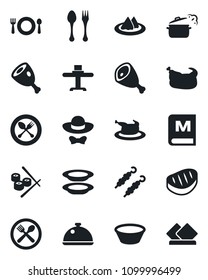 Set of vector isolated black icon - spoon and fork vector, dish, restaurant table, serviette, cafe, menu, plates, dress code, chicken, steak, kebab, ham, bowl, steaming pan, sushi