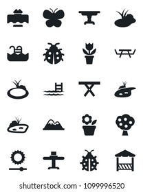 Set of vector isolated black icon - flower in pot vector, butterfly, lady bug, pond, picnic table, brightness, pool, fruit tree, mountains, restaurant, alcove