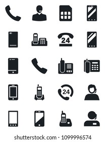 Set of vector isolated black icon - mobile phone vector, office, 24 hours, support, cell, radio, back, call, sim