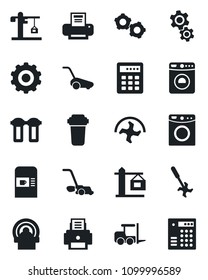 Set of vector isolated black icon - coffee machine vector, washer, fork loader, gear, ripper, lawn mower, tomography, printer, crane, water filter, combination lock