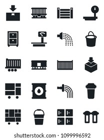 Set of vector isolated black icon - checkroom vector, bucket, watering, railroad, truck trailer, cargo container, consolidated, package, oil barrel, heavy scales, archive box, water filter