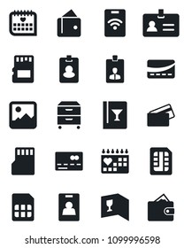 Set of vector isolated black icon - credit card vector, identity, medical calendar, gallery, sd, sim, archive box, wine, pass, wallet