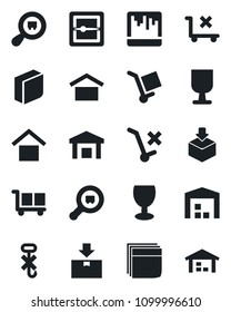 Set of vector isolated black icon - fragile vector, cargo, warehouse storage, no trolley, hook, package, search, scanner, blank box