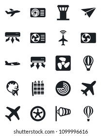 Set of vector isolated black icon - plane vector, airport tower, radar, wind, seat map, globe, air conditioner, fan, paper, balloon