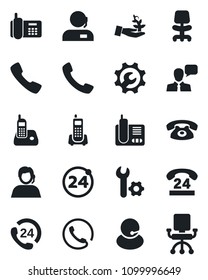 Set of vector isolated black icon - 24 around vector, office chair, phone, hours, support, speaker, radio, call, root setup, palm sproute