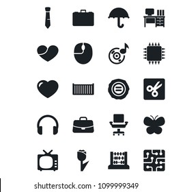 Set of vector isolated black icon - case vector, abacus, mouse, desk, stamp, butterfly, cargo container, umbrella, tulip, tv, headphones, heart, cut, music, office chair, tie, chip