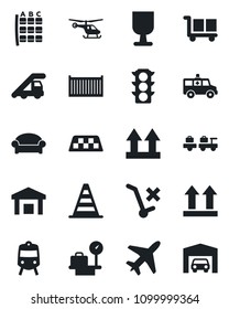 Set of vector isolated black icon - plane vector, taxi, train, waiting area, baggage larry, ladder car, border cone, helicopter, seat map, luggage scales, ambulance, traffic light, cargo container