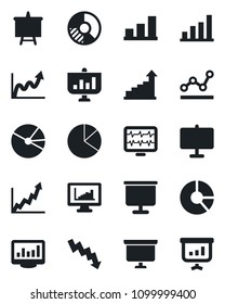 Set of vector isolated black icon - growth statistic vector, presentation board, crisis graph, circle chart, monitor pulse, statistics, bar, pie, point