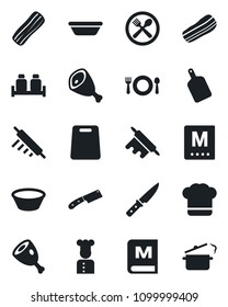 Set of vector isolated black icon - cook vector, cafe, hat, menu, bacon, salt and pepper, ham, bowl, rolling pin, cutting board, knife, steaming pan