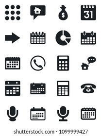 Set of vector isolated black icon - right arrow vector, calendar, circle chart, microphone, menu, calculator, phone, home message, money bag