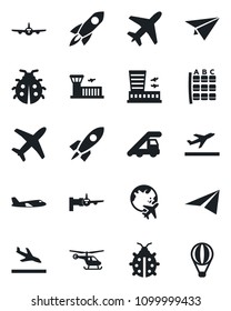 Set of vector isolated black icon - plane vector, departure, arrival, ladder car, boarding, helicopter, seat map, globe, airport building, lady bug, rocket, paper, air balloon