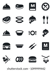 Set of vector isolated black icon - spoon and fork vector, dish, cafe, menu, plates, waiter, steak, kebab, hamburger, bowl, sushi