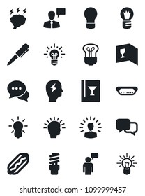 Set of vector isolated black icon - speaking man vector, pen, brainstorm, bulb, dialog, wine card, hot dog, energy saving, shining head, idea