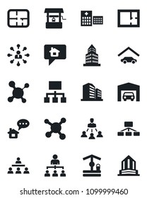 Set of vector isolated black icon - hierarchy vector, well, molecule, hospital, office building, garage, plan, home message