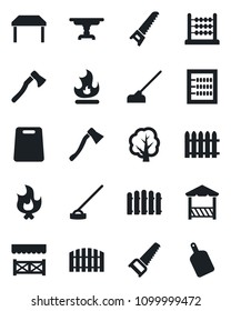 Set of vector isolated black icon - fence vector, tree, saw, fire, hoe, axe, abacus, table, alcove, cutting board