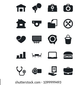 Set of vector isolated black icon - document vector, stamp, bucket, doctor case, stethoscope, truck trailer, folder, warehouse, camera, microphone, video, heart, bar graph, notebook pc, house, cafe