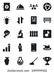 Set of vector isolated black icon - growth statistic vector, hoe, bench, fertilizer, microscope, real heart, phone back, network, data exchange, music, manager, dish, waiter, restaurant receipt