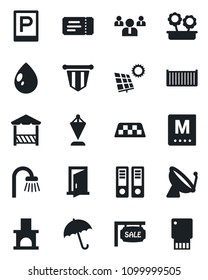 Set of vector isolated black icon - satellite antenna vector, taxi, parking, umbrella, ticket, pennant, team, office binder, water drop, fireplace, cargo container, sun panel, sale, bathroom, menu