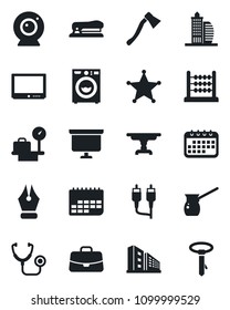 Set of vector isolated black icon - luggage scales vector, case, presentation board, axe, stethoscope, term, tv, rca, abacus, ink pen, stapler, office building, table, washer, turkish coffee, police