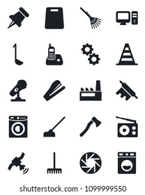 Set of vector isolated black icon - border cone vector, rake, hoe, axe, microphone, radio, satellite, phone, paper pin, mobile camera, stapler, washer, factory, ladle, rolling, cutting board, pc