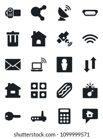 Set of vector isolated black icon - trash bin vector, male, bomb in case, wireless notebook, mail, house, satellite antenna, video camera, share, data exchange, application, calculator, key, hot dog