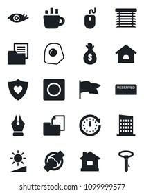 Set of vector isolated black icon - mouse vector, coffee, house, heart shield, eye, joint, folder document, record, brightness, ink pen, city, reserved, omelette, jalousie, money bag, clock, flag