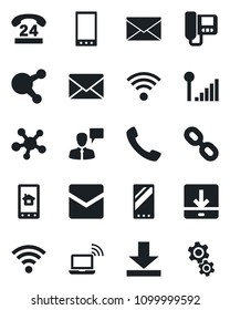 Set of vector isolated black icon - wireless notebook vector, speaking man, mail, 24 hours, share, chain, mobile, call, download, cellular signal, intercome, home control app, gear