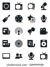Set of vector isolated black icon - reel vector, vinyl, microphone, antenna, news, tv, speaker, group, favorites list, jack connector, record, video