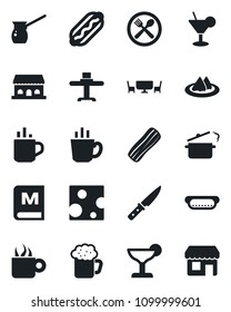 Set of vector isolated black icon - hot cup vector, restaurant table, serviette, cafe, menu, cocktail, coffee, beer, bacon, building, dog, knife, steaming pan, turkish, cheese, storefront