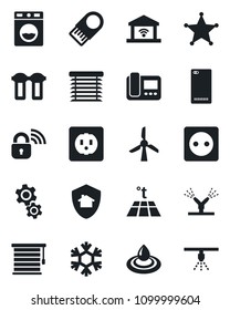 Set of vector isolated black icon - phone back vector, socket, wireless lock, irrigation, snowflake, intercome, gear, water, filter, washer, warm floor, jalousie, garage gate control, home protect