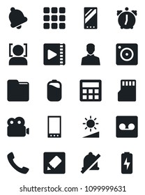 Set of vector isolated black icon - mobile vector, call, menu, camera, user, calculator, alarm, bell, record, sd, folder, notes, mute, brightness, face id, video, battery, charge