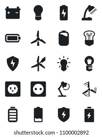 Set of vector isolated black icon - bulb vector, battery, low, protect, charge, desk lamp, windmill, socket